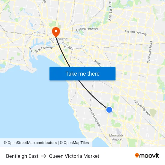 Bentleigh East to Queen Victoria Market map