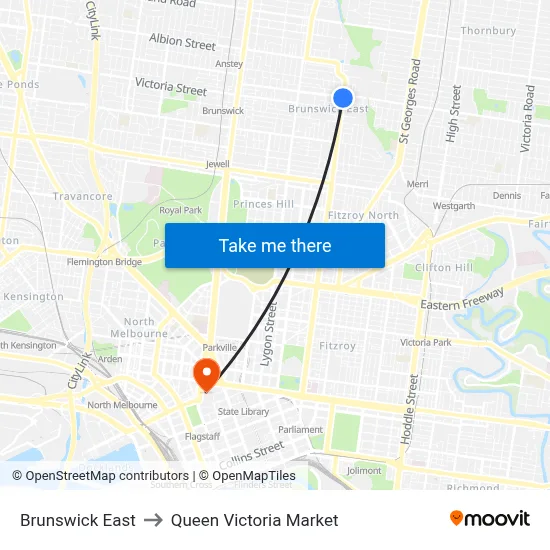 Brunswick East to Queen Victoria Market map
