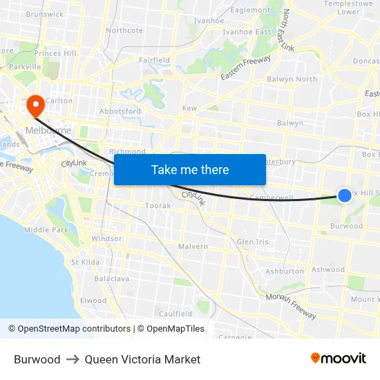 Burwood to Queen Victoria Market map