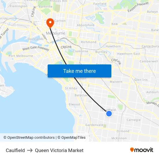 Caulfield to Queen Victoria Market map