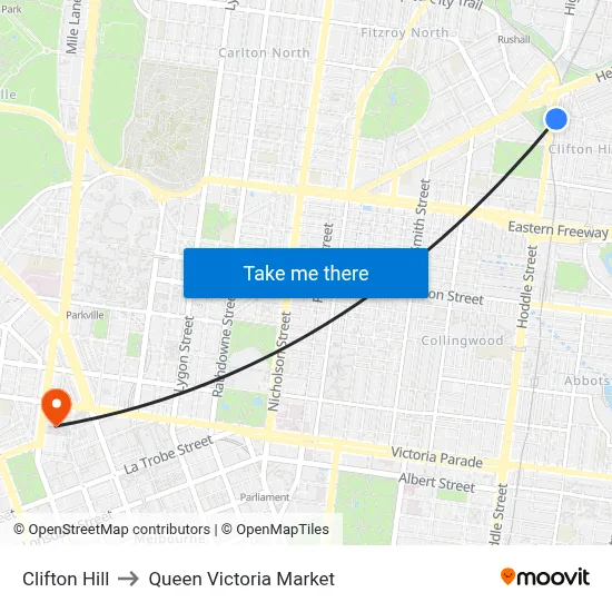 Clifton Hill to Queen Victoria Market map