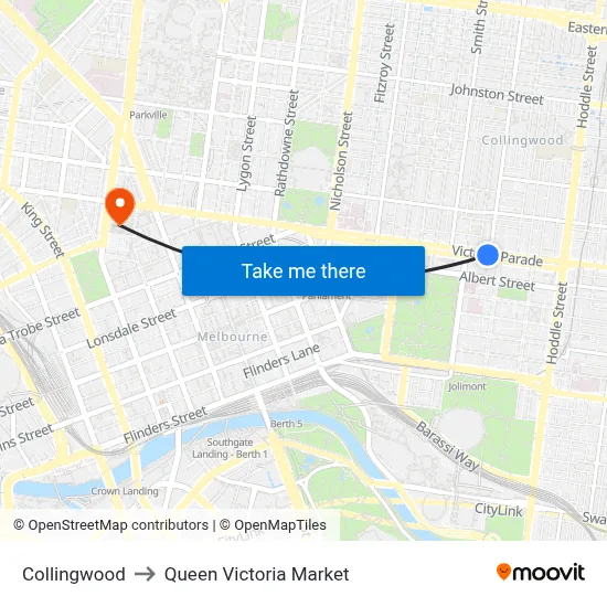 Collingwood to Queen Victoria Market map