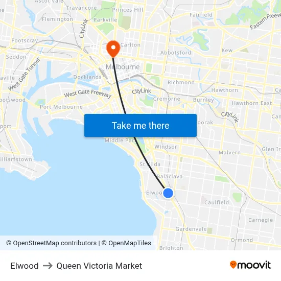 Elwood to Queen Victoria Market map