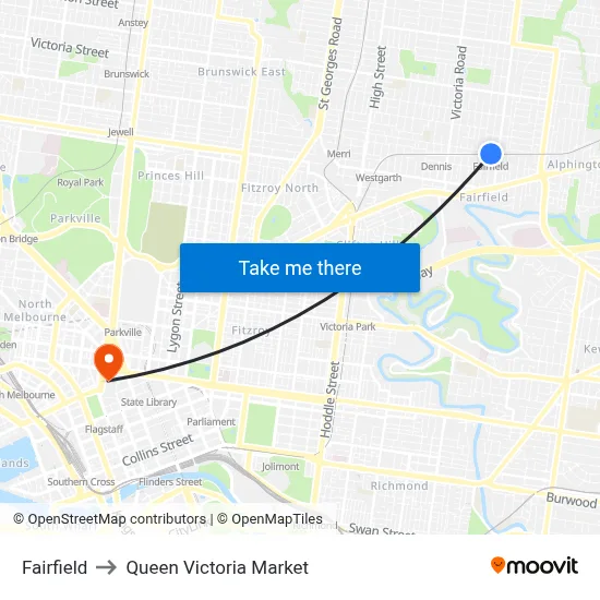 Fairfield to Queen Victoria Market map