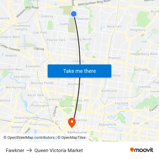 Fawkner to Queen Victoria Market map