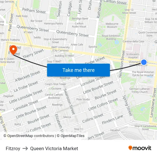 Fitzroy to Queen Victoria Market map