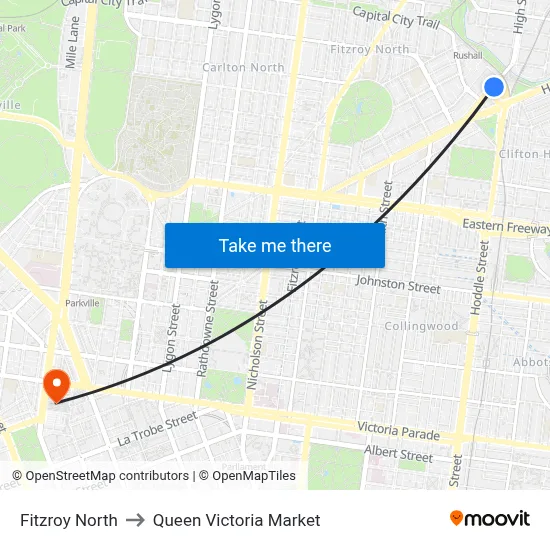 Fitzroy North to Queen Victoria Market map