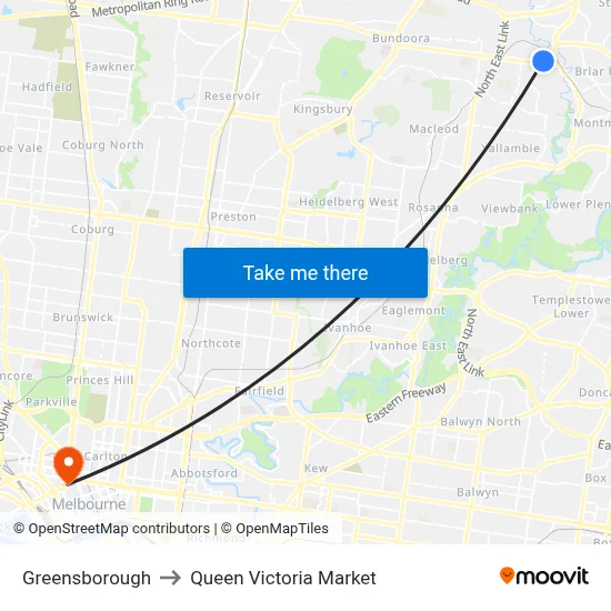 Greensborough to Queen Victoria Market map