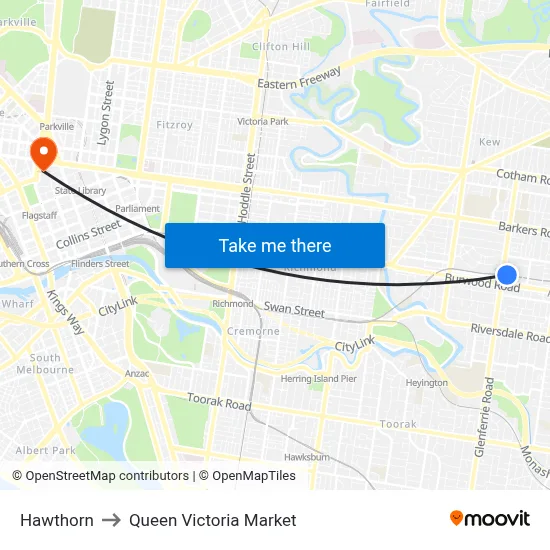 Hawthorn to Queen Victoria Market map
