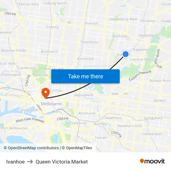 Ivanhoe to Queen Victoria Market map
