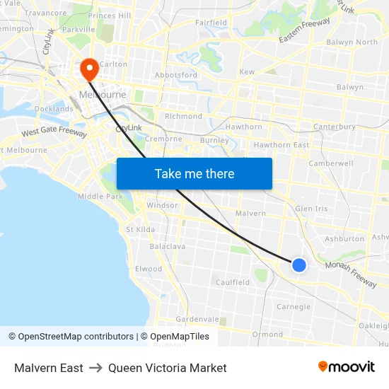 Malvern East to Queen Victoria Market map