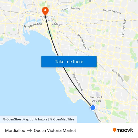 Mordialloc to Queen Victoria Market map