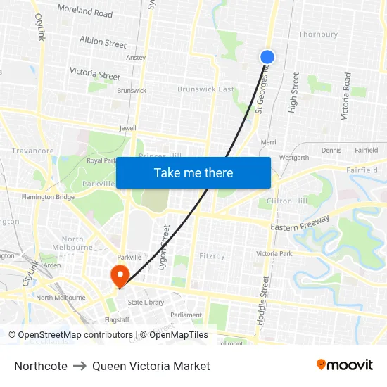 Northcote to Queen Victoria Market map