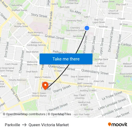 Parkville to Queen Victoria Market map
