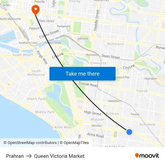Prahran to Queen Victoria Market map