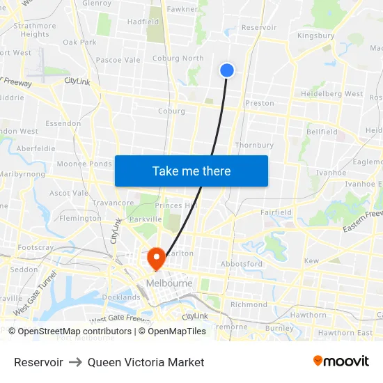 Reservoir to Queen Victoria Market map