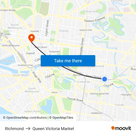 Richmond to Queen Victoria Market map