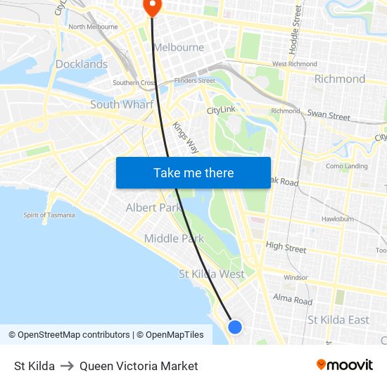 St Kilda to Queen Victoria Market map