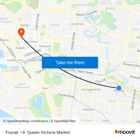 Toorak to Queen Victoria Market map