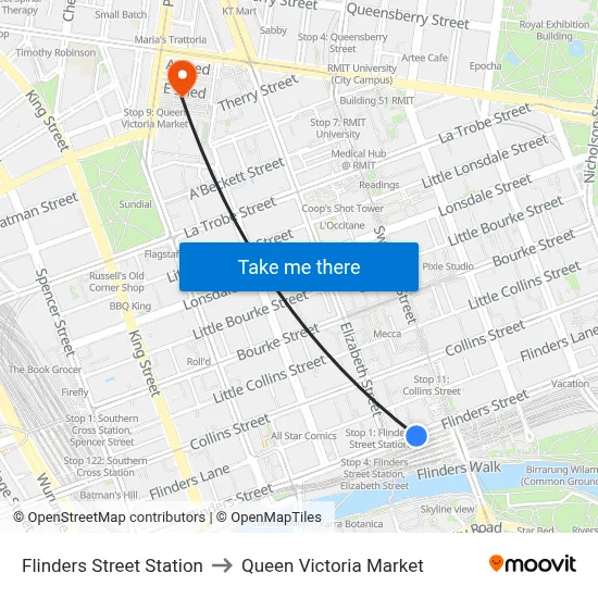 Flinders Street Station to Queen Victoria Market map