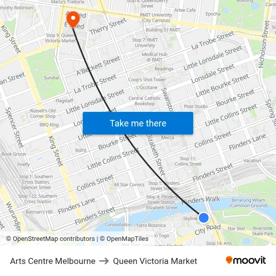Arts Centre Melbourne to Queen Victoria Market map