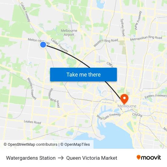 Watergardens Station to Queen Victoria Market map