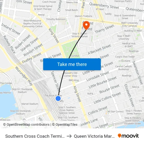 Southern Cross Coach Terminal to Queen Victoria Market map