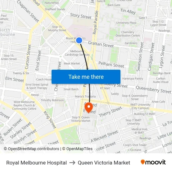 Royal Melbourne Hospital to Queen Victoria Market map