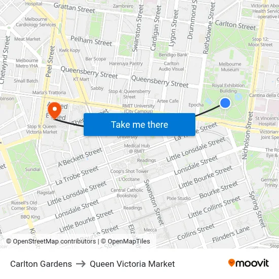 Carlton Gardens to Queen Victoria Market map