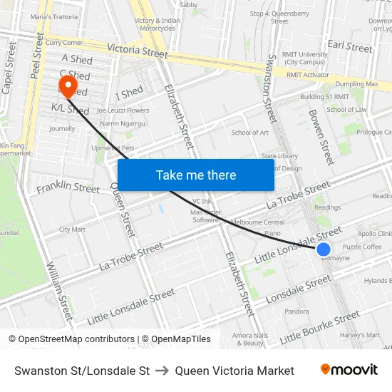 Swanston St/Lonsdale St to Queen Victoria Market map