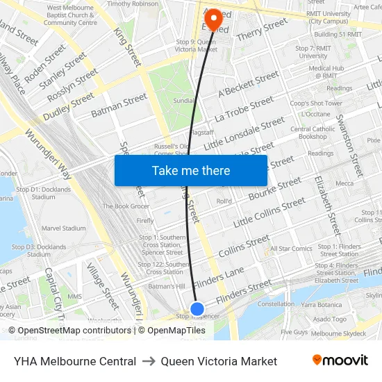 YHA Melbourne Central to Queen Victoria Market map