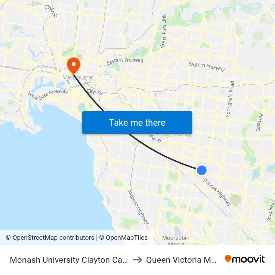 Monash University Clayton Campus to Queen Victoria Market map