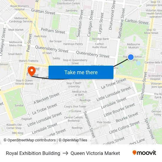 Royal Exhibition Building to Queen Victoria Market map