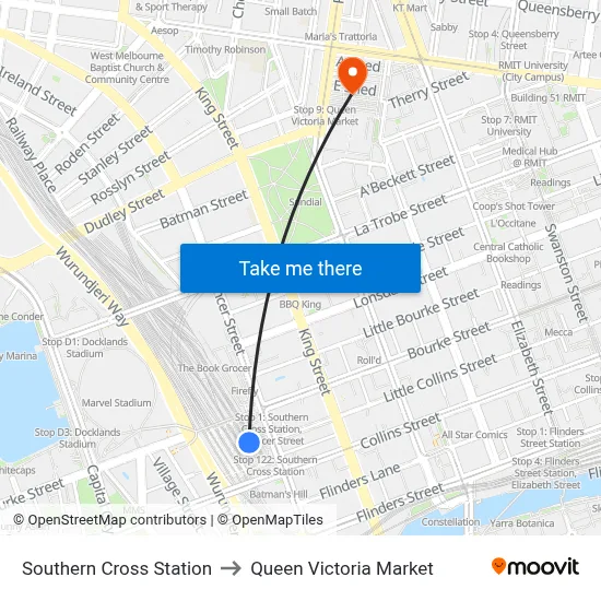 Southern Cross Station to Queen Victoria Market map