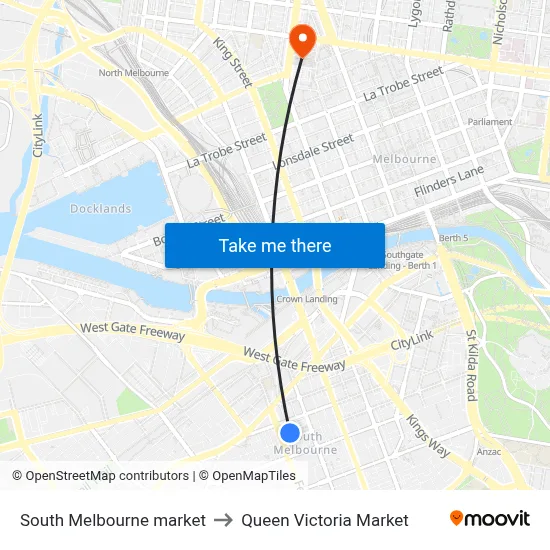 South Melbourne market to Queen Victoria Market map