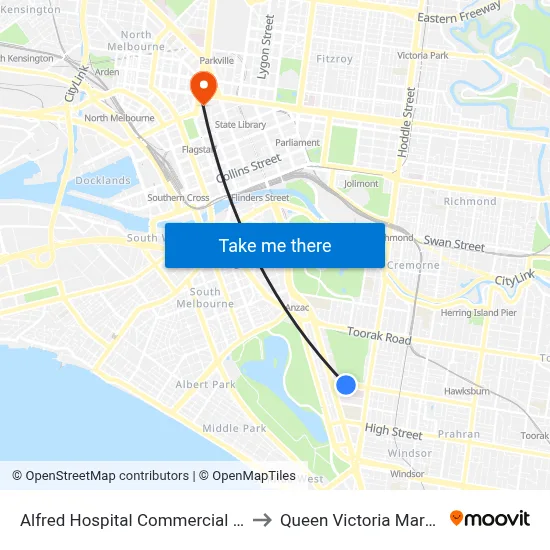 Alfred Hospital Commercial Rd to Queen Victoria Market map