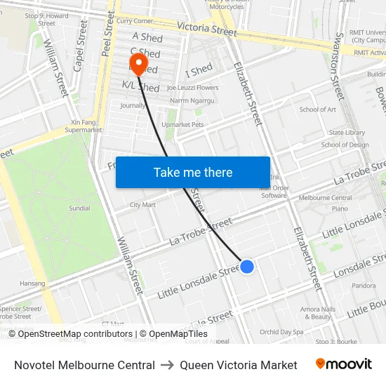 Novotel Melbourne Central to Queen Victoria Market map