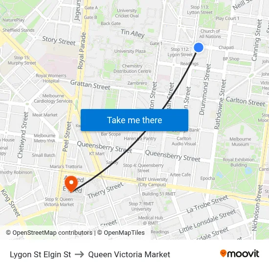 Lygon St Elgin St to Queen Victoria Market map