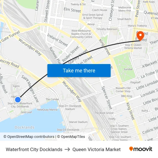 Waterfront City Docklands to Queen Victoria Market map