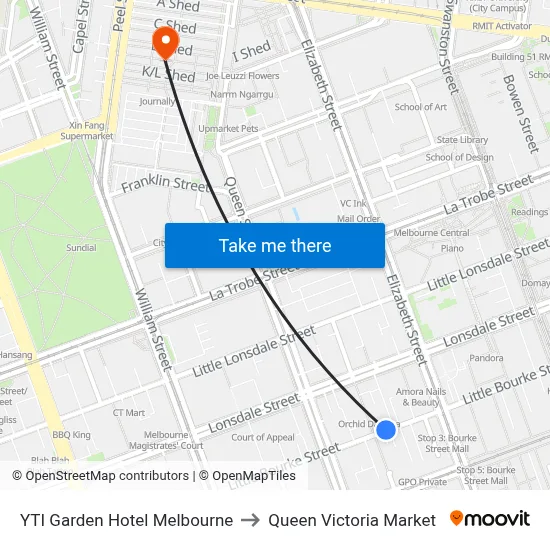 YTI Garden Hotel Melbourne to Queen Victoria Market map