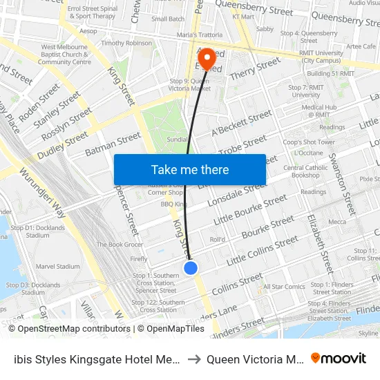 ibis Styles Kingsgate Hotel Melbourne to Queen Victoria Market map