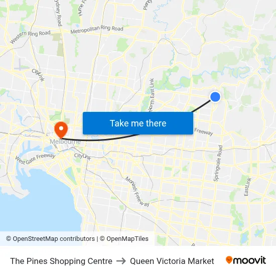 The Pines Shopping Centre to Queen Victoria Market map