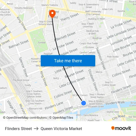 Flinders Street to Queen Victoria Market map