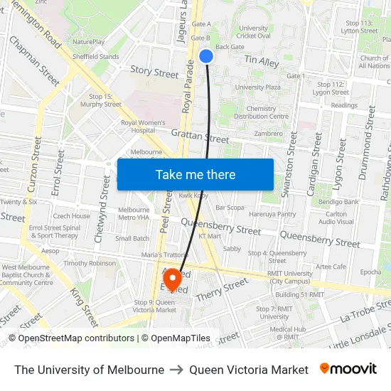 The University of Melbourne to Queen Victoria Market map