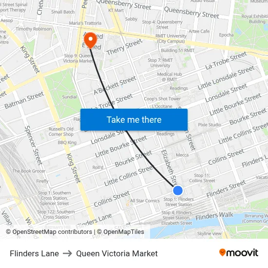 Flinders Lane to Queen Victoria Market map
