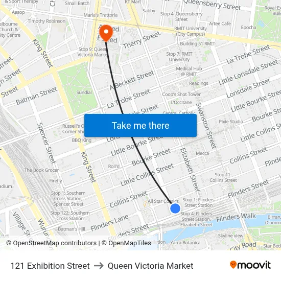 121 Exhibition Street to Queen Victoria Market map