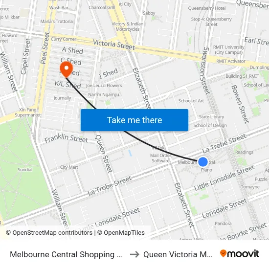 Melbourne Central Shopping Centre to Queen Victoria Market map