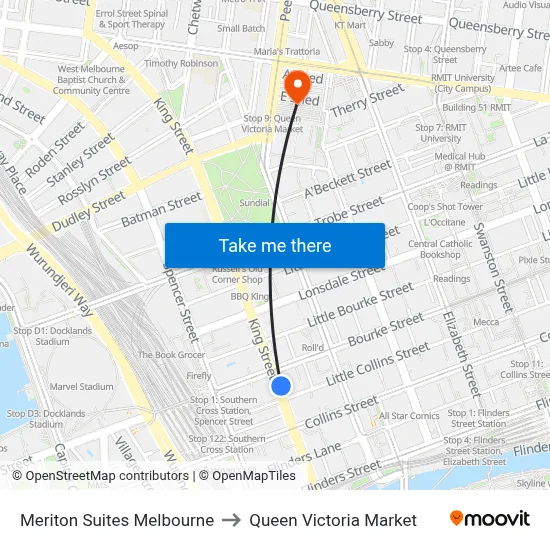 Meriton Suites Melbourne to Queen Victoria Market map