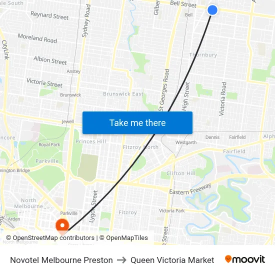 Novotel Melbourne Preston to Queen Victoria Market map