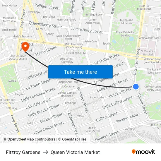 Fitzroy Gardens to Queen Victoria Market map